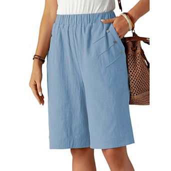 Women's Casual Elastic Waist Shorts Summer Straight Leg Short Pants with Side Pockets