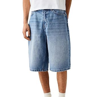 Mens Loose Denim Shorts Baggy Casual Wide Leg Mid Jean Jorts Zipper Shorts with Pockets Streetwear