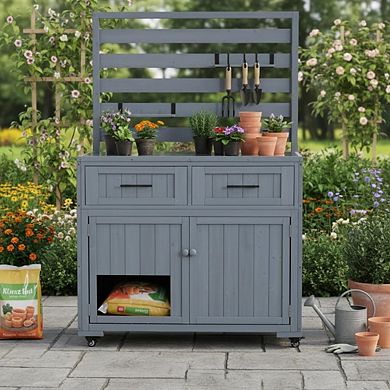 64.9 in. H Solid Wood Garden Potting Bench with Stainless Table Top