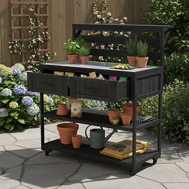 62.3 in. Solid Wood Patio Kitchen Island Garden Potting Bench with Stainless Table Top