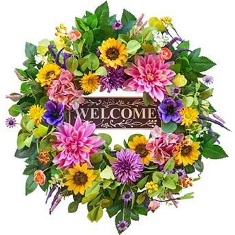 24" Spring Artificial Wreath with Welcome Sign Outdoor Decor