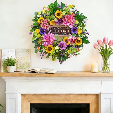 24" Spring Artificial Wreath with Welcome Sign Outdoor Decor