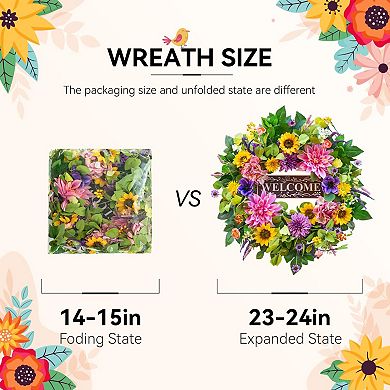 24" Spring Artificial Wreath with Welcome Sign Outdoor Decor