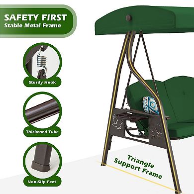 3-Seat Outdoor Porch Swing with Stand and Canopy Cup Holder for Yard