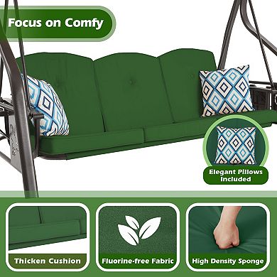 3-Seat Outdoor Porch Swing with Stand and Canopy Cup Holder for Yard