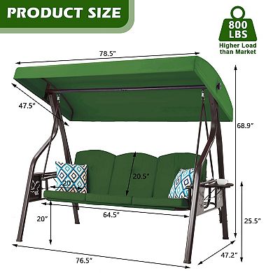 3-Seat Outdoor Porch Swing with Stand and Canopy Cup Holder for Yard