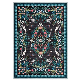 Washable Floral Living Room Rugs, Distressed Oriental Bedroom Rug with Non Slip Backing