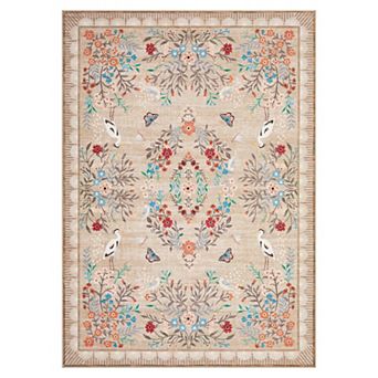 Washable Floral Living Room Rugs, Distressed Oriental Bedroom Rug with Non Slip Backing