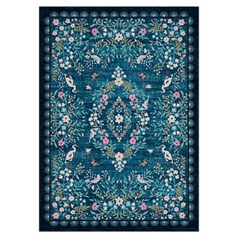 Washable Floral Living Room Rugs, Distressed Oriental Bedroom Rug with Non Slip Backing