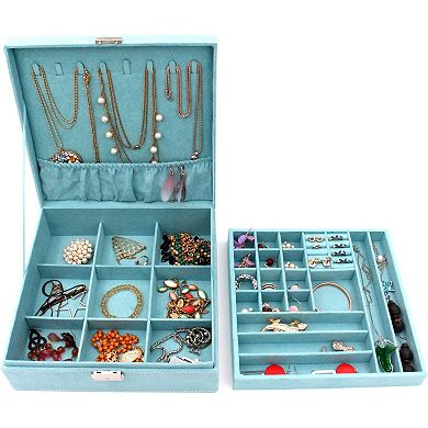 Two-Layer Jewelry Box Organizer Display Storage case with Lock (Blue)