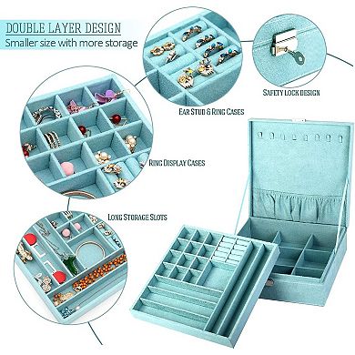 Two-Layer Jewelry Box Organizer Display Storage case with Lock (Blue)