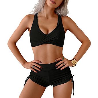 Women's 2 pc Swimsuit Twist Front Bikini Top Ruched Side Short Bottoms Swim Wear