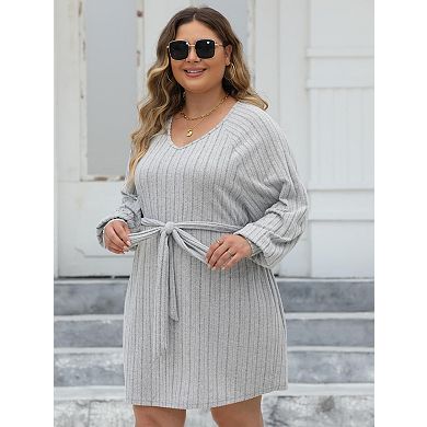 Women's Plus Size Long Sleeve V-Neck Ribbed Knit Casual Dress