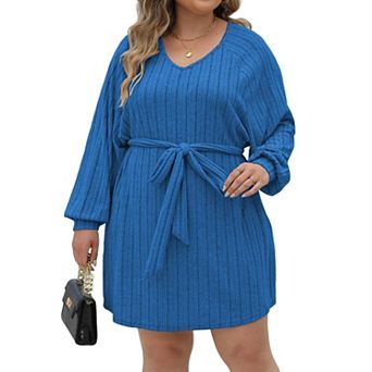 Women's Plus Size Long Sleeve V-Neck Ribbed Knit Casual Dress