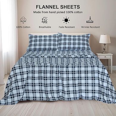 Flannel Sheets Queen Size - Cotton Double Brushed Bed Sheets, Deep Pockets 16 Inches 4 Piece