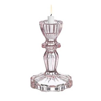Vintage Crystal Candle Holder, Glass Tealight Holder 2.95x2.95x4.41 Inch, Pink Small Ribbed