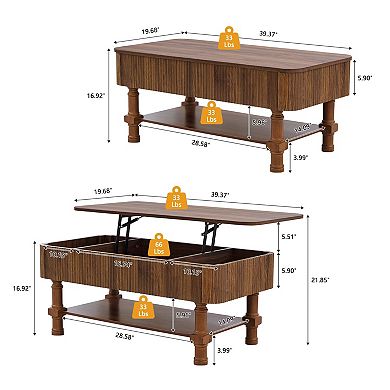 Rectangular Lift Top Coffee Table with Storage, Rustic & Modern Design