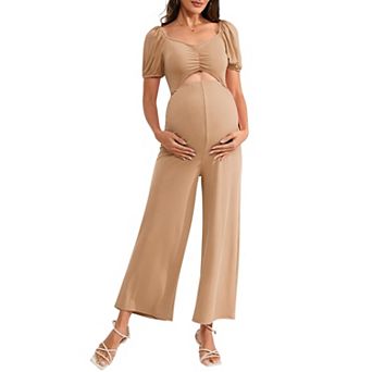 Women's Maternity Jumpsuits Summer Cutout Puff Short Sleeve Casual High Waist Wide leg Rompers