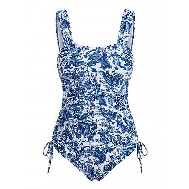 Women's Maternity Swimsuit Vintage Printed One Piece Bathing Suit Drawstring Pregnancy Swimwear