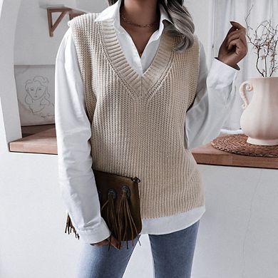 Womens V Neck Sweater Vest Sleeveless Oversized Casual Loose Fit Basic Pullover Tank Top
