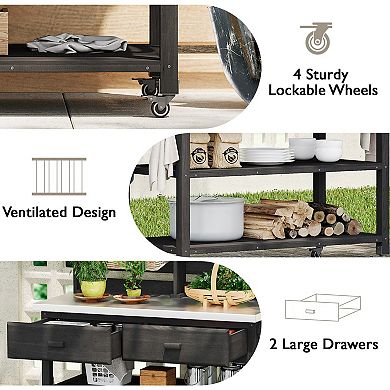 64.9 in. H Solid Wood Outdoor Potting Bench Table with Lockable Wheels