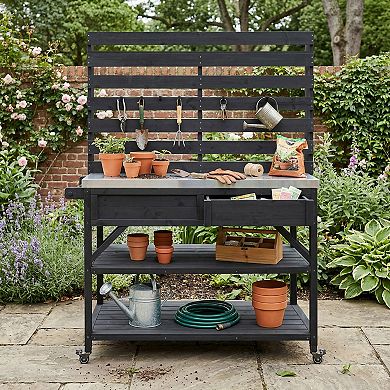 64.9 in. H Solid Wood Outdoor Potting Bench Table with Lockable Wheels