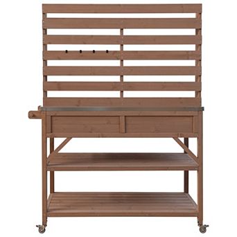 64.9 in H Solid Wood Outdoor Potting Bench Table with Lockable Wheels