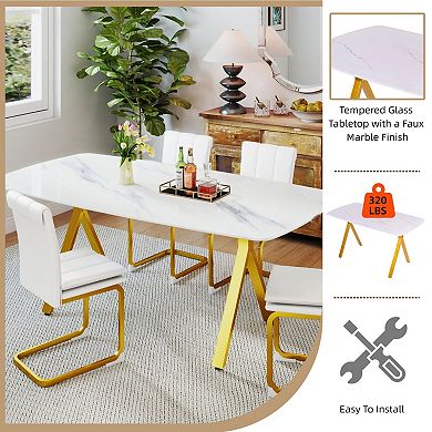 KWPZQEB Marble-Patterned Design Rectangular Dining Table, Metal Legs