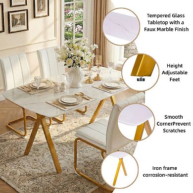KWPZQEB Marble-Patterned Design Rectangular Dining Table, Metal Legs
