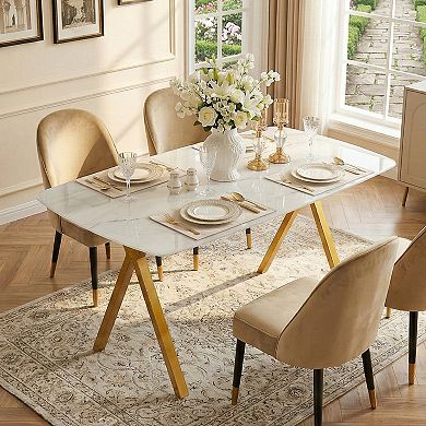 KWPZQEB Marble-Patterned Design Rectangular Dining Table, Metal Legs