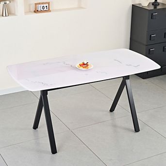 KWPZQEB Marble-Patterned Design Rectangular Dining Table, Metal Legs
