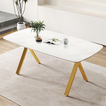 KWPZQEB Marble-Patterned Design Rectangular Dining Table, Metal Legs