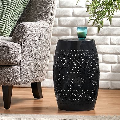 KWPZQEB Lace Cut Metal Accent End Table, Barrel Shape Design