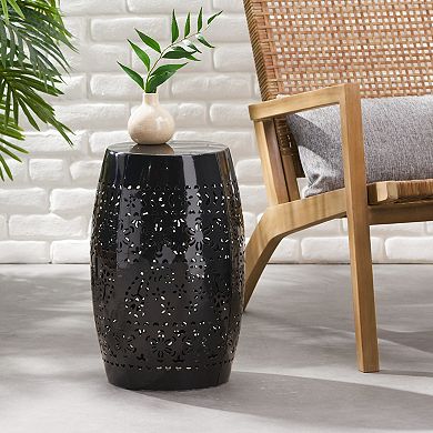 KWPZQEB Lace Cut Metal Accent End Table, Barrel Shape Design