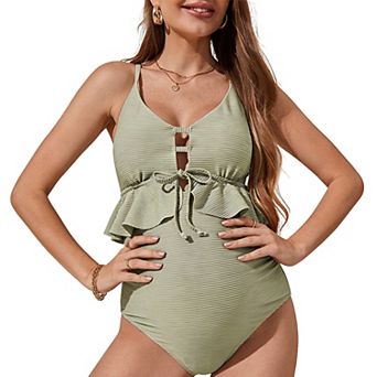 Women's One Piece Maternity Swimsuit - Ribbed Cutout Back Crisscross Strap Pregnancy Bathing Suit