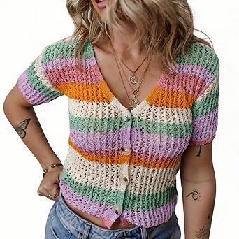Women's Boho V-Neck Short Sleeve Crochet Knit Top Stripe Button Down Casual Crop Top