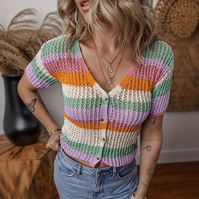 Women's Boho V-Neck Short Sleeve Crochet Knit Top Stripe Button Down Casual Crop Top