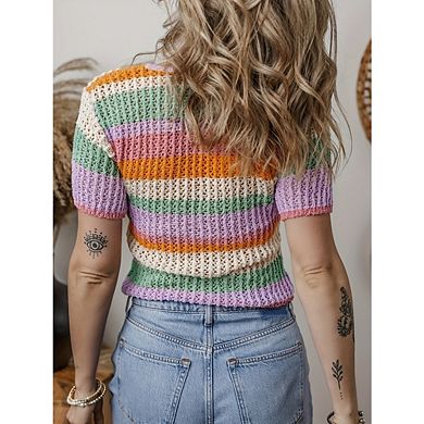 Women's Boho V-Neck Short Sleeve Crochet Knit Top Stripe Button Down Casual Crop Top