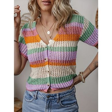 Women's Boho V-Neck Short Sleeve Crochet Knit Top Stripe Button Down Casual Crop Top