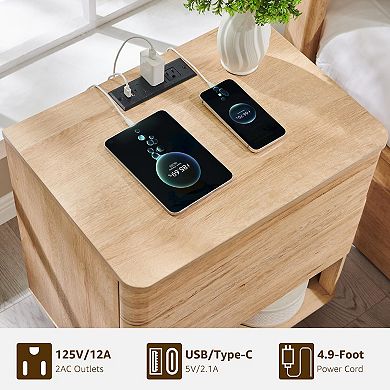 22" Modern End Table, Wooden Side Table with Charging Station Bedside Night Stand with Storage