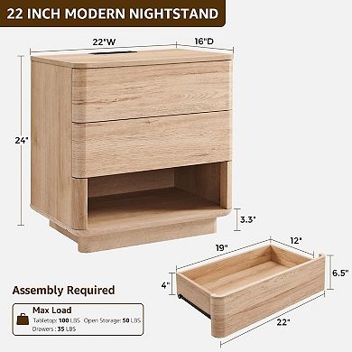 22" Modern End Table, Wooden Side Table with Charging Station Bedside Night Stand with Storage
