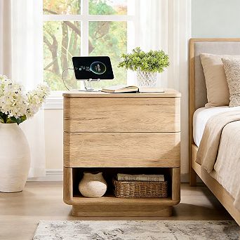 22" Modern Nightstand with Charging Station, Wooden Side Table, Bedside Night Stand with Storage