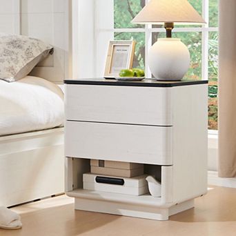 22" Modern End Table, Wooden Side Table with Charging Station Bedside Night Stand with Storage