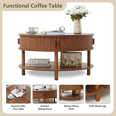 Mid Century Modern Round Coffee Table with Walnut Finish and 2-Tier Storage