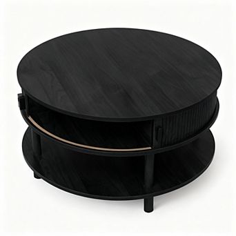 Mid Century Modern Round Coffee Table with Walnut Finish and 2 tier Storage