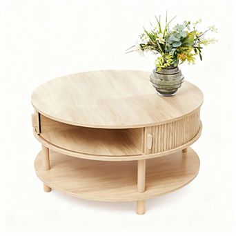 Mid Century Modern Round Coffee Table with Walnut Finish and 2 tier Storage