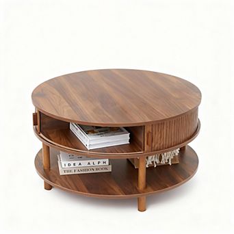 Mid Century Modern Round Coffee Table with Walnut Finish and 2 tier Storage