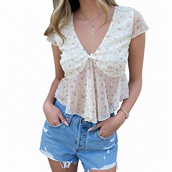 Women's Floral Print V-Neck Ruffled Crop Top - Sheer Mesh Short Sleeve Blouse with Bow Detail