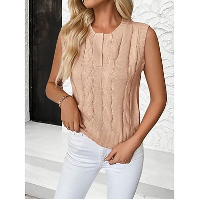 Women's Knitted Vest Crew Neck Casual Retro Cable Knit Sleeveless Solid Color Top