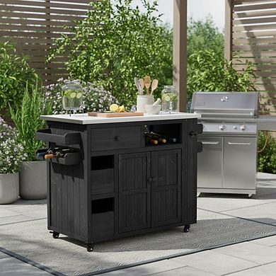 41.9 in. Outdoor Solid Wood Extendable Kitchen Island with Stainless Steel Top